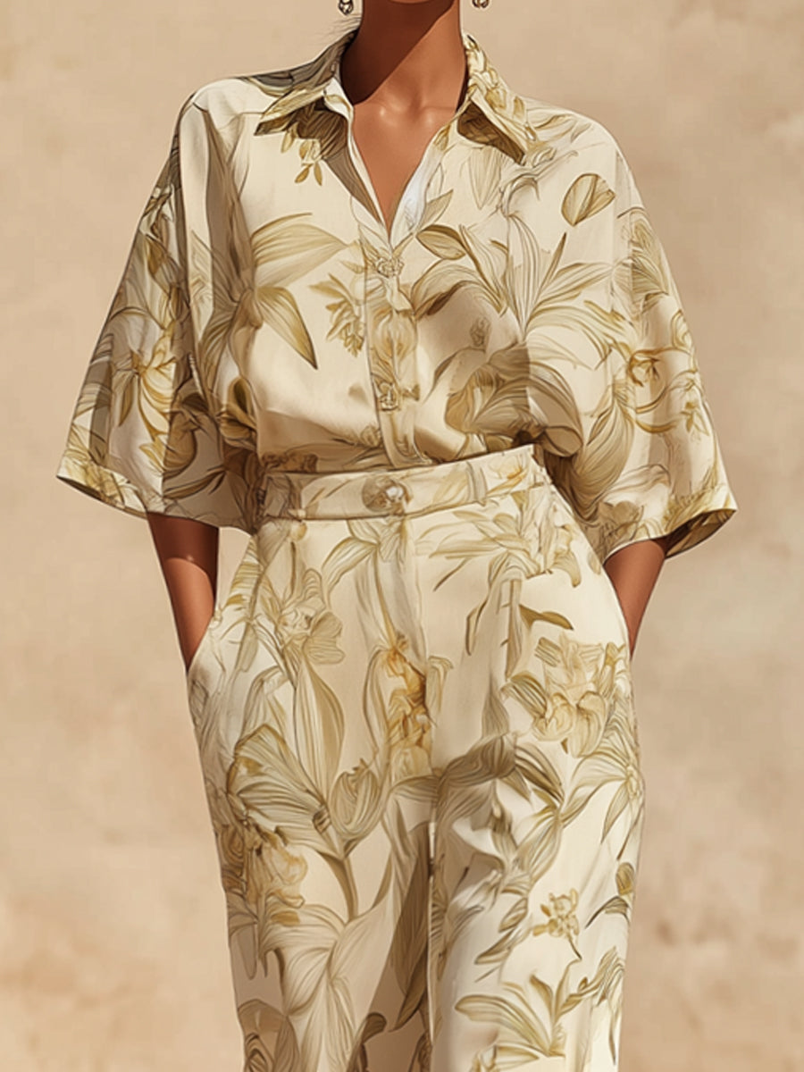 Women’s Botanical Print Two-Piece Set – Relaxed Fit Shirt & High-Waist Pants Set