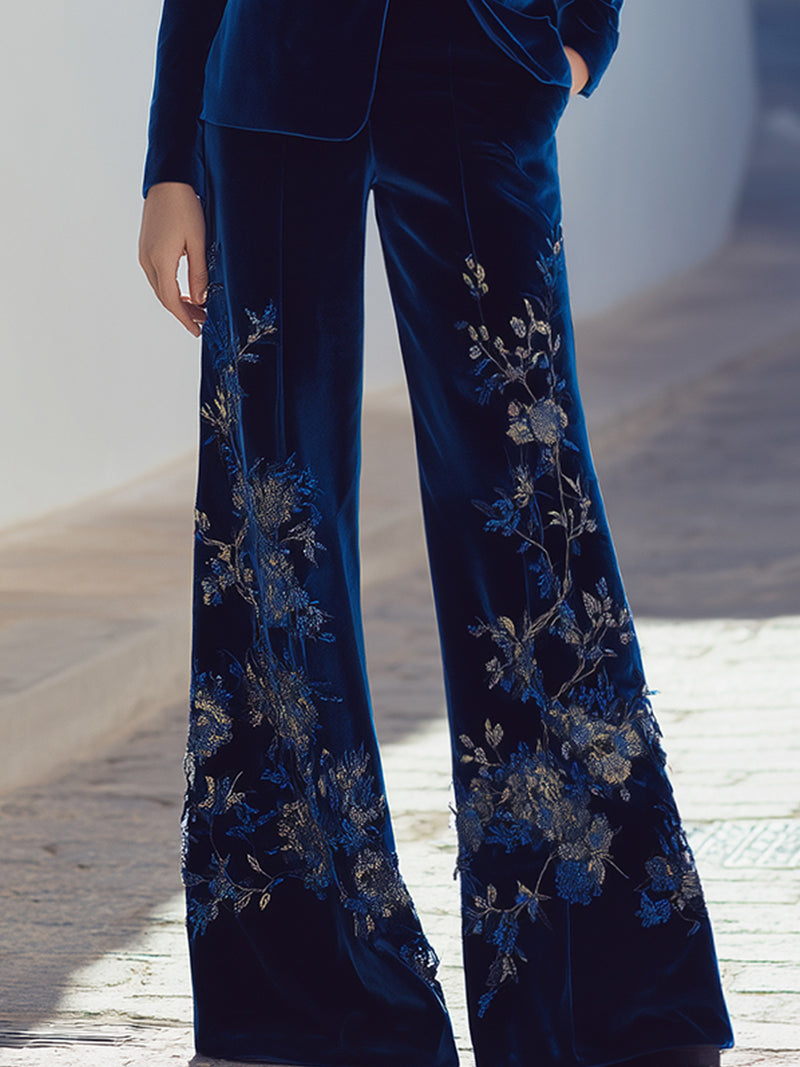 Midnight Blue Velvet Embroidered Blazer Suit