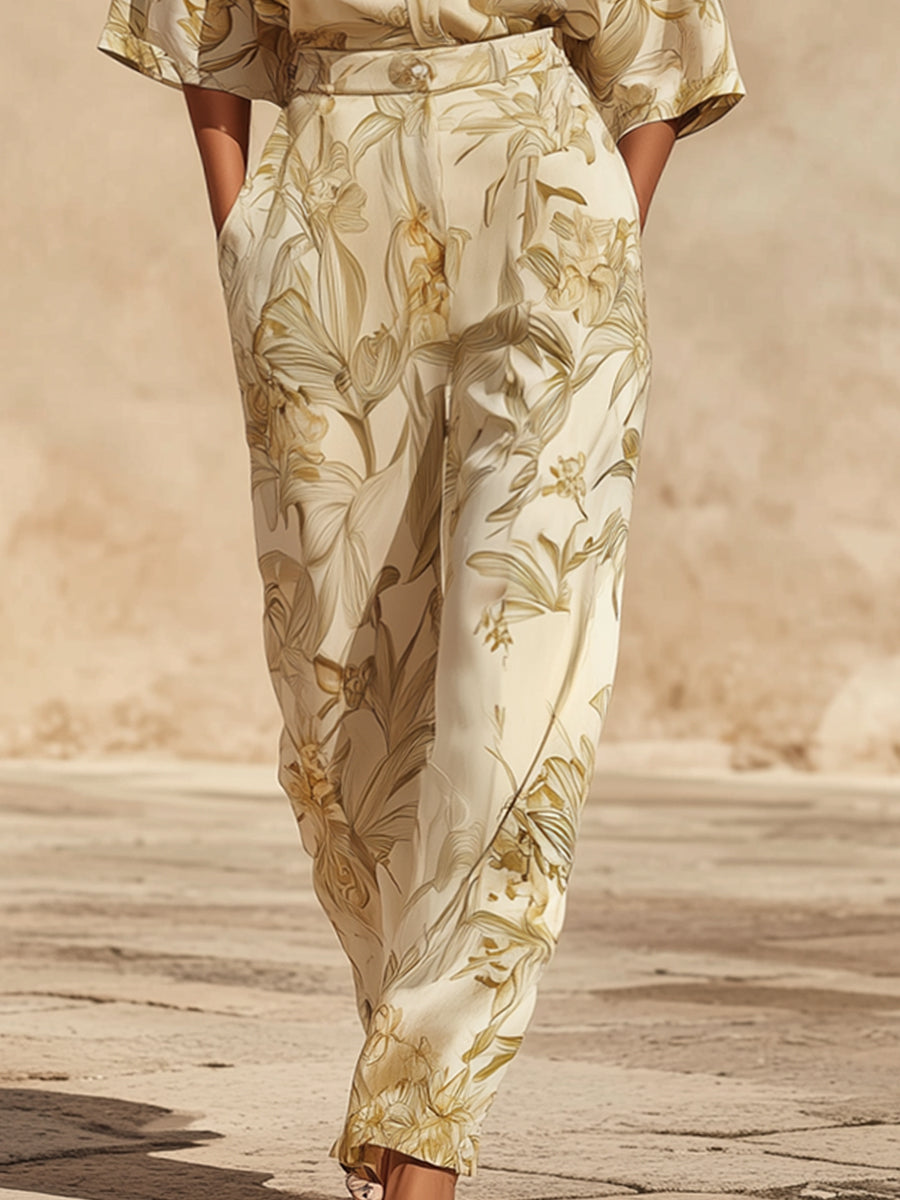Women’s Botanical Print Two-Piece Set – Relaxed Fit Shirt & High-Waist Pants Set