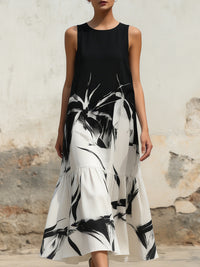 Women’s Artistic Ink Print Maxi Dress – Minimalist Black & White Sleeveless Long Dress