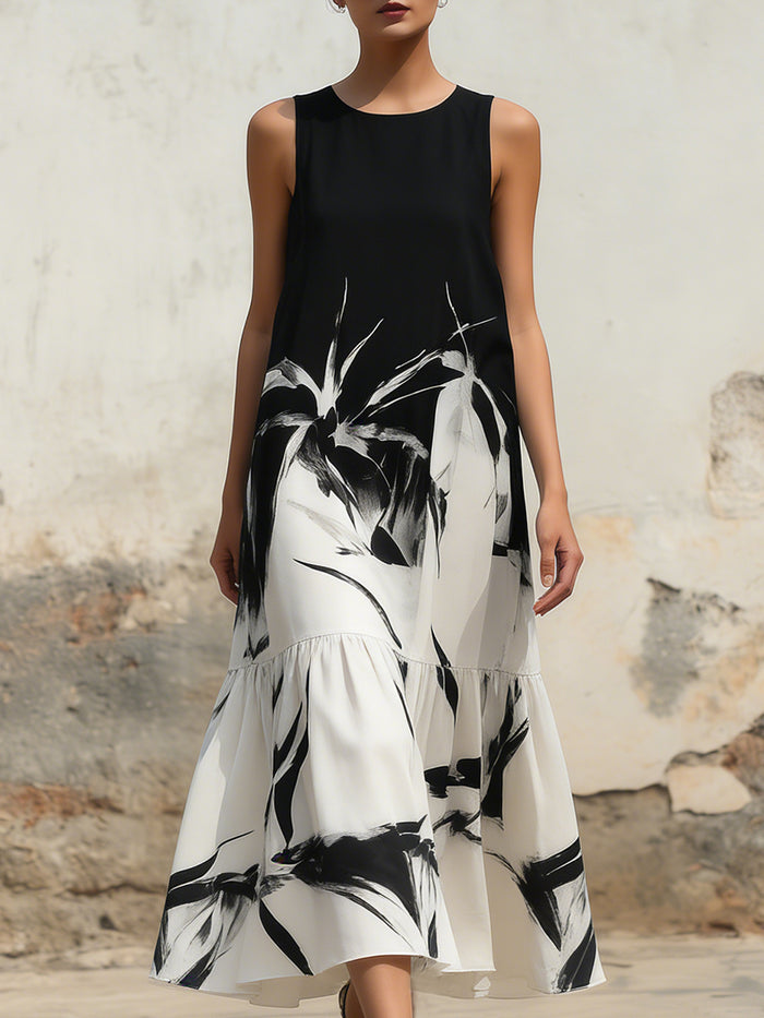 Women’s Artistic Ink Print Maxi Dress – Minimalist Black & White Sleeveless Long Dress