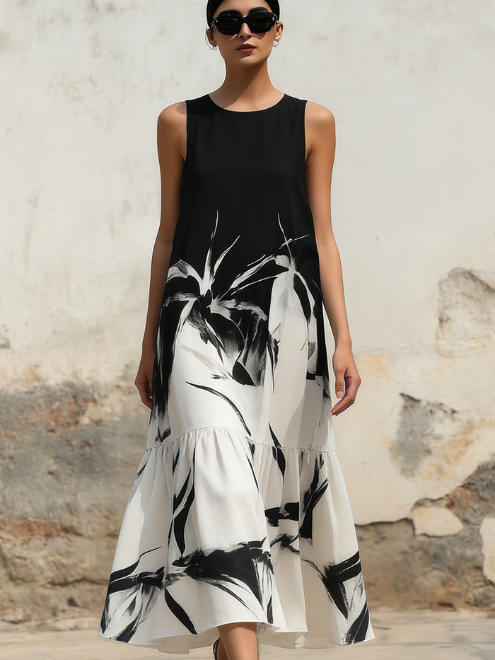 Women’s Artistic Ink Print Maxi Dress – Minimalist Black & White Sleeveless Long Dress