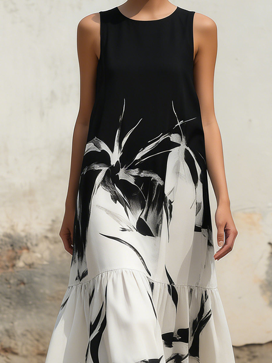 Women’s Artistic Ink Print Maxi Dress – Minimalist Black & White Sleeveless Long Dress