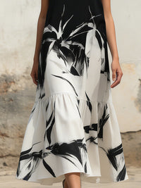 Women’s Artistic Ink Print Maxi Dress – Minimalist Black & White Sleeveless Long Dress