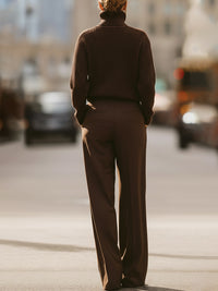 Chocolate Brown Turtleneck Sweater And Wide-Leg Pants Set