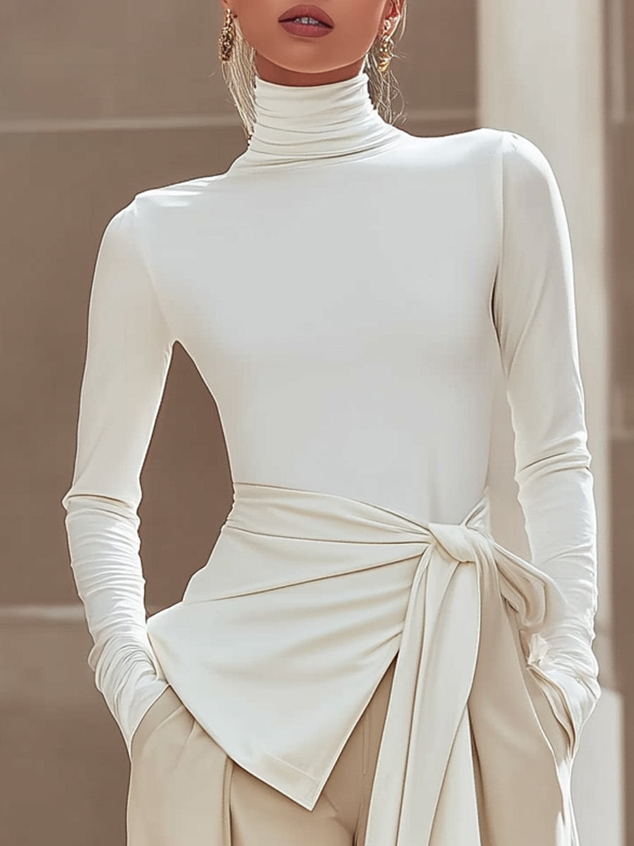 Draped Waist Turtleneck Top In Ivory