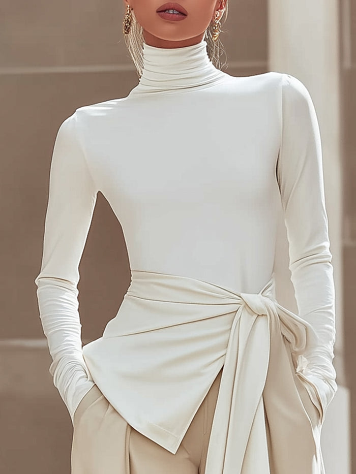 Draped Waist Turtleneck Top In Ivory