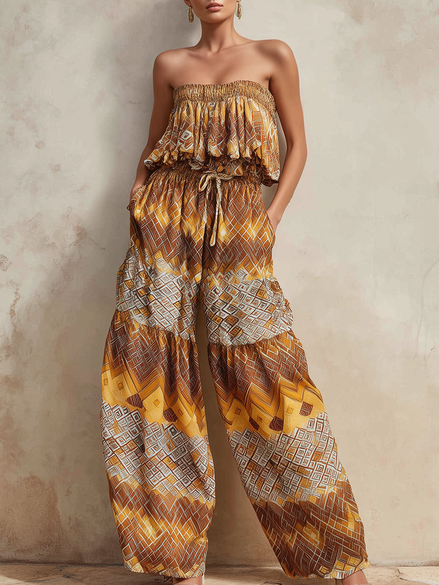 Bohemian Print Strapless Top & Wide-Leg Pants Two-Piece Set