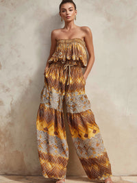 Bohemian Print Strapless Top & Wide-Leg Pants Two-Piece Set