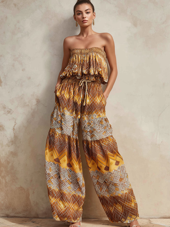 Bohemian Print Strapless Top & Wide-Leg Pants Two-Piece Set