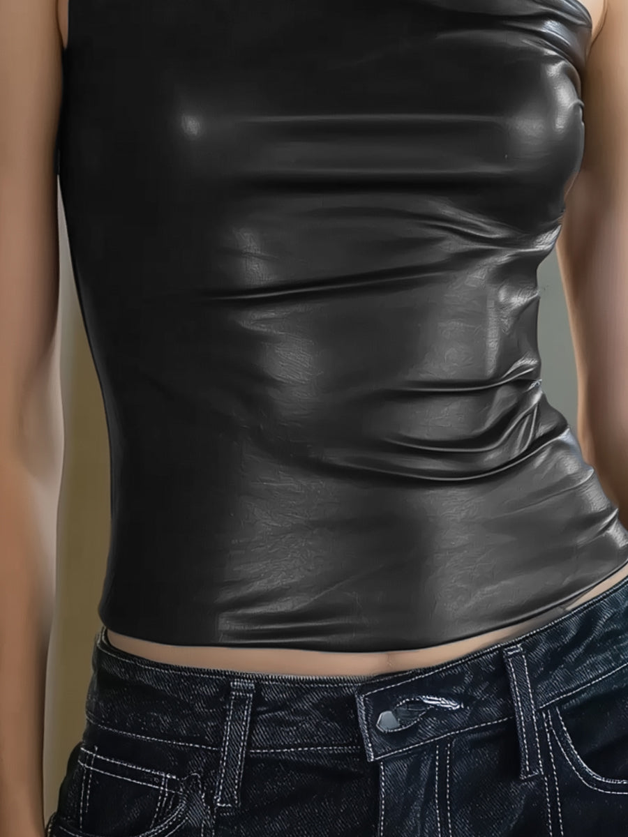 One-Shoulder Sculpted Faux Leather Asymmetrical Top