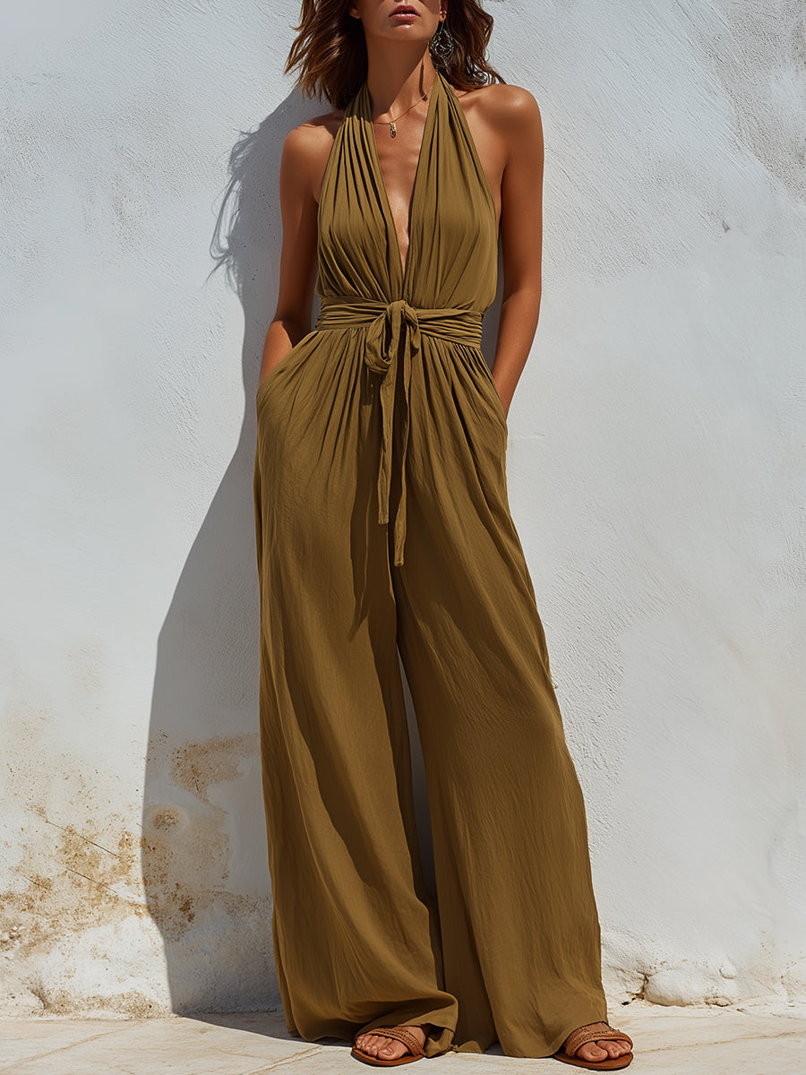 Halter-Neck Tie-Waist Wide-Leg Jumpsuit