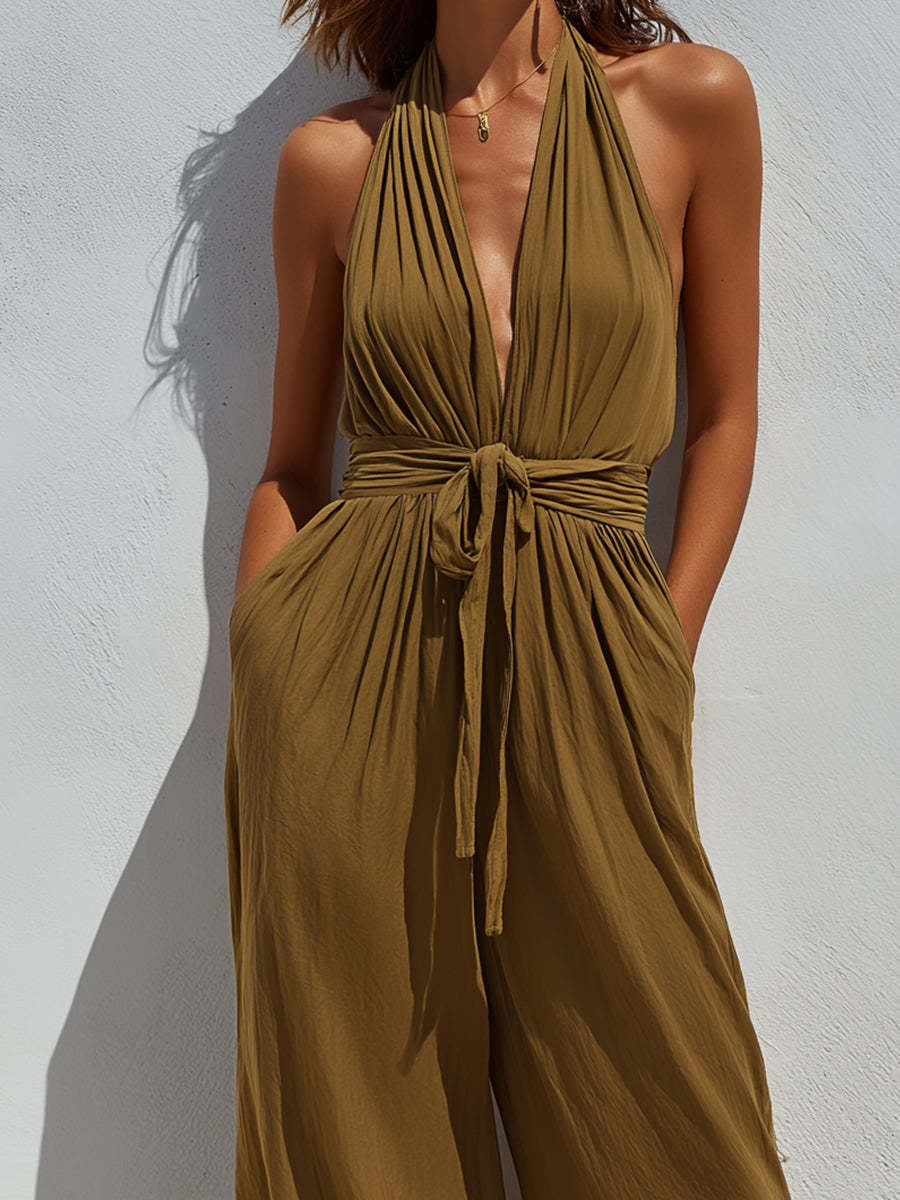 Halter-Neck Tie-Waist Wide-Leg Jumpsuit