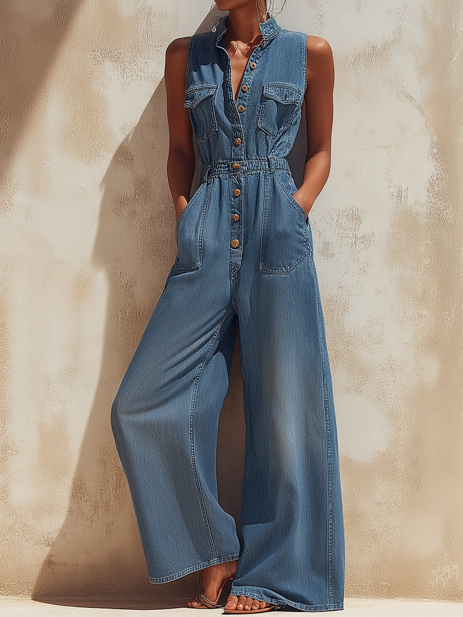 Elastic-Waist Sleeveless Denim Utility Jumpsuit