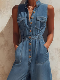 Elastic-Waist Sleeveless Denim Utility Jumpsuit