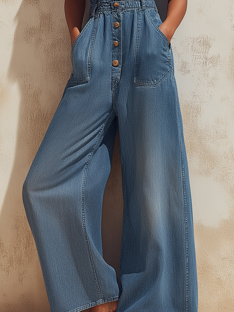 Elastic-Waist Sleeveless Denim Utility Jumpsuit