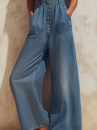 Elastic-Waist Sleeveless Denim Utility Jumpsuit