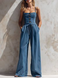 Strapless Button-Front Wide-Leg Denim Jumpsuit