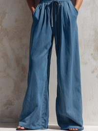Strapless Button-Front Wide-Leg Denim Jumpsuit