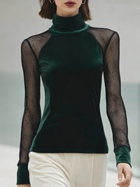 Emerald Velvet Mesh-Sleeve High-Neck Top