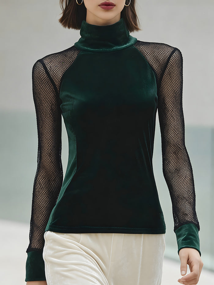 Emerald Velvet Mesh-Sleeve High-Neck Top