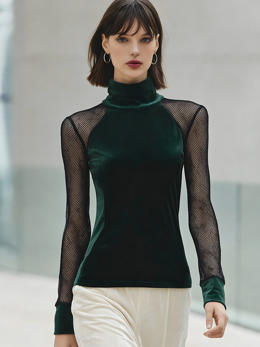 Emerald Velvet Mesh-Sleeve High-Neck Top