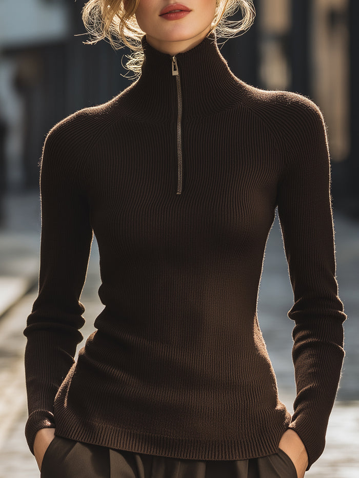 Ribbed Half-Zip Turtleneck Sweater