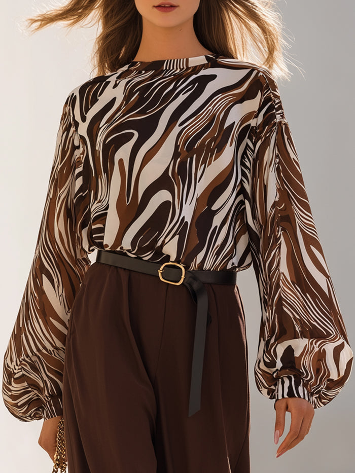 Abstract Print Balloon Sleeve Satin Blouse