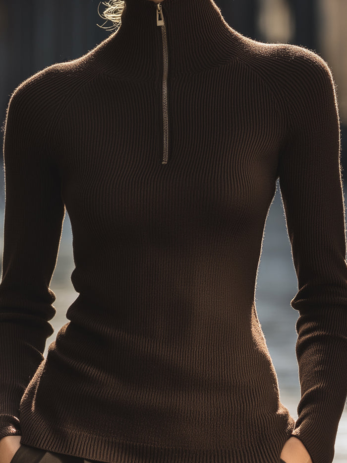 Ribbed Half-Zip Turtleneck Sweater