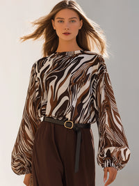 Abstract Print Balloon Sleeve Satin Blouse