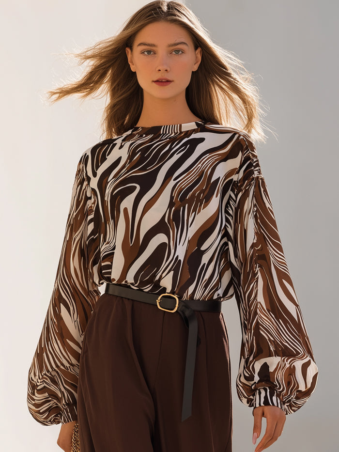 Abstract Print Balloon Sleeve Satin Blouse