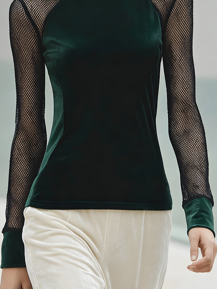 Emerald Velvet Mesh-Sleeve High-Neck Top