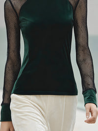 Emerald Velvet Mesh-Sleeve High-Neck Top