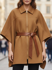 Camel Zip-Front Cape Coat With Leather Belt