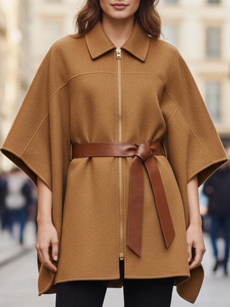 Camel Zip-Front Cape Coat With Leather Belt