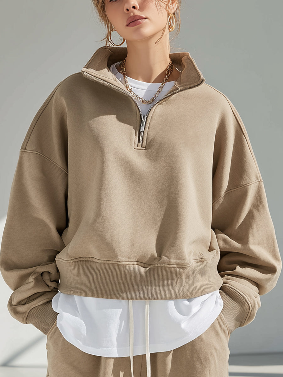 Khaki Half-Zip Oversized Sweatshirt