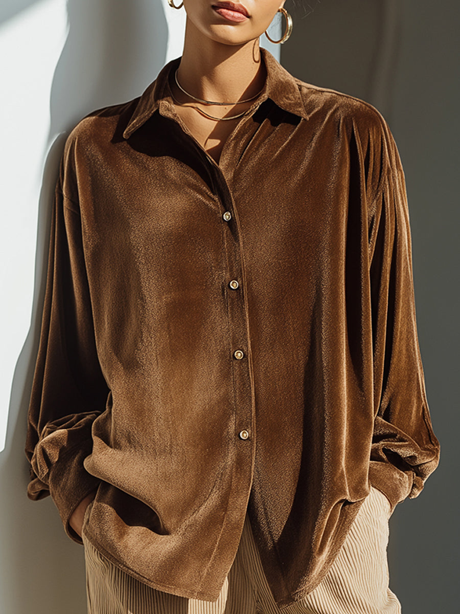 Relaxed Brown Velvet Button-Down Shirt