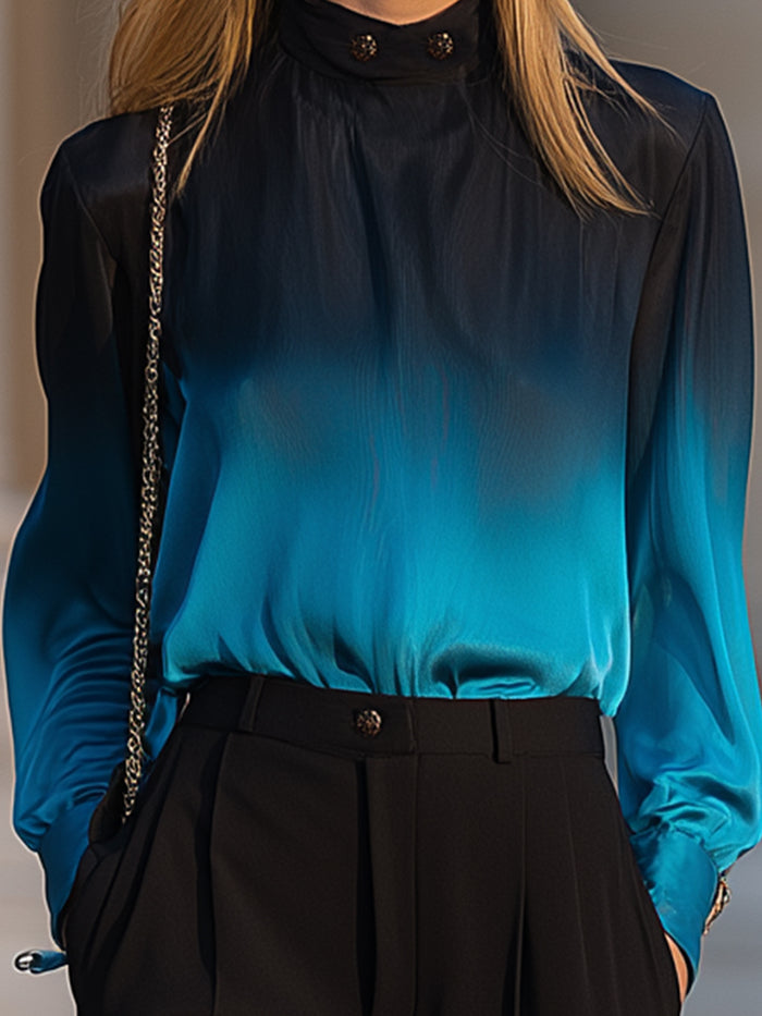 Ombre Satin High-Neck Blouse