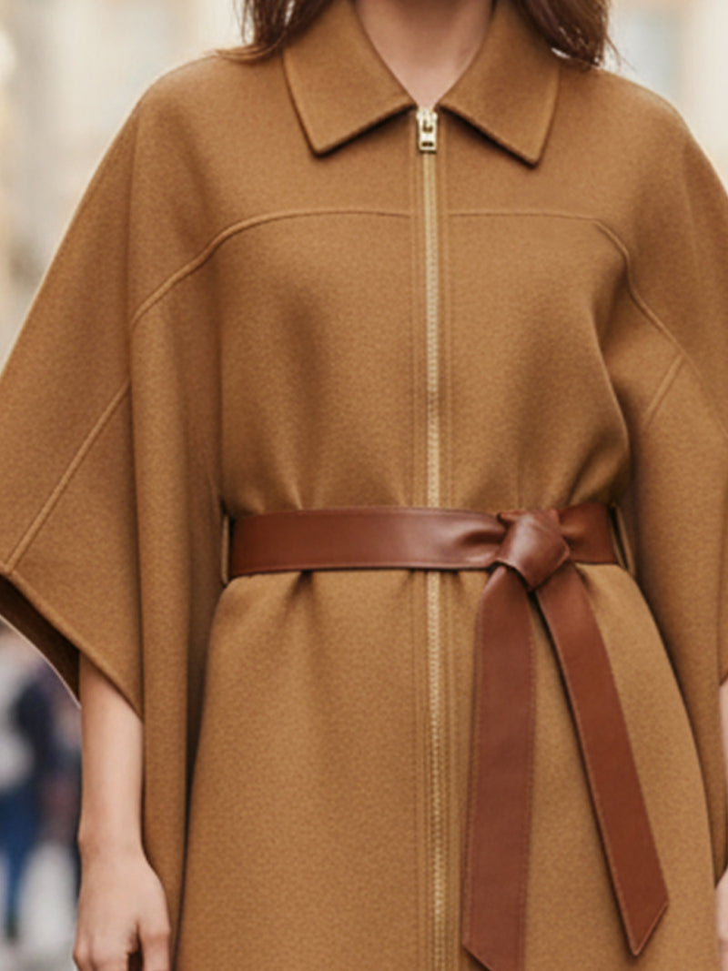 Camel Zip-Front Cape Coat With Leather Belt