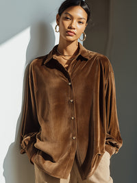 Relaxed Brown Velvet Button-Down Shirt