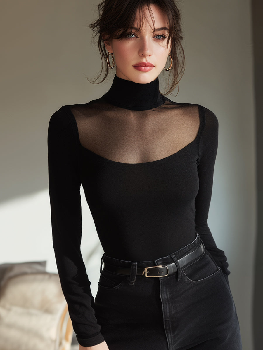 Sheer-Yoke Turtleneck Long-Sleeve Top