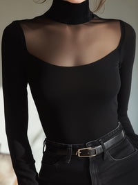 Sheer-Yoke Turtleneck Long-Sleeve Top