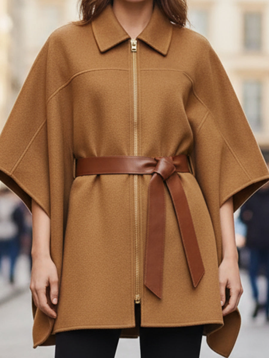 Camel Zip-Front Cape Coat With Leather Belt