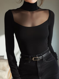 Sheer-Yoke Turtleneck Long-Sleeve Top