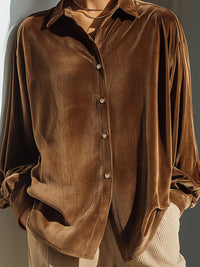 Relaxed Brown Velvet Button-Down Shirt
