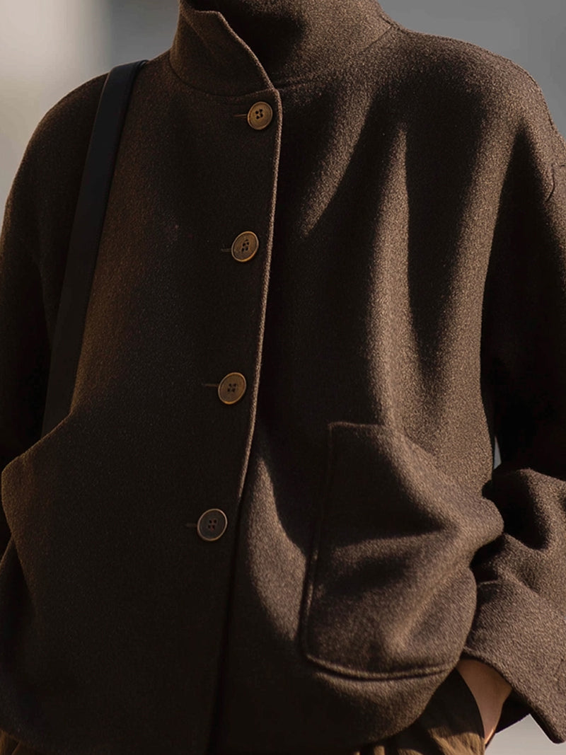 Minimalist Brown Wool Stand-Collar Jacket