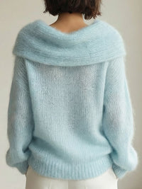 Off-Shoulder Plush Knit Sweater With Folded Collar