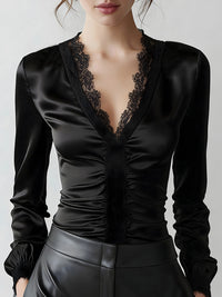 Black Deep V Lace-Trim Satin Blouse