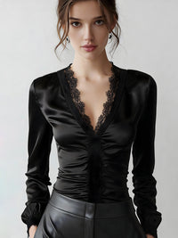 Black Deep V Lace-Trim Satin Blouse