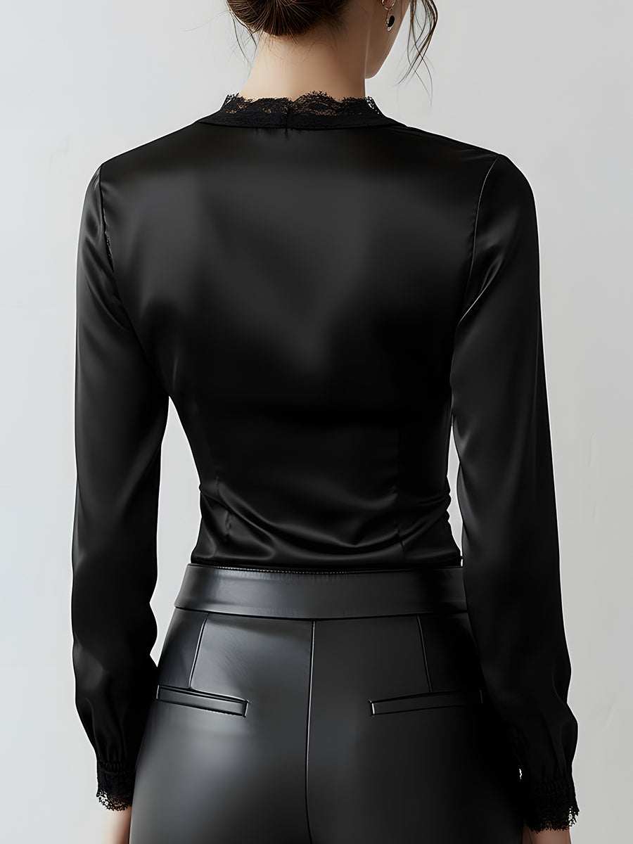 Black Deep V Lace-Trim Satin Blouse